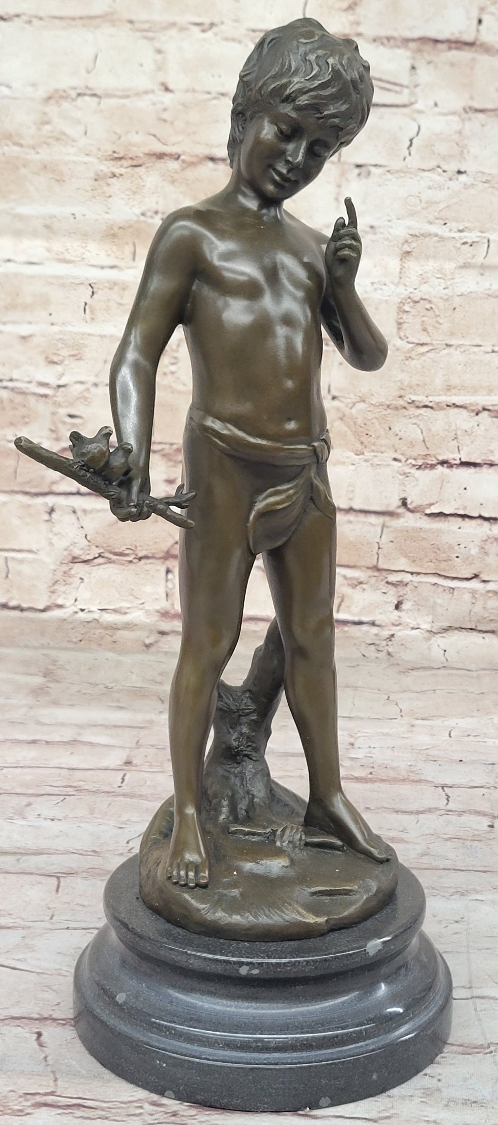Little Boy Holding Stick with Birds - Bronze by Auguste Moreau