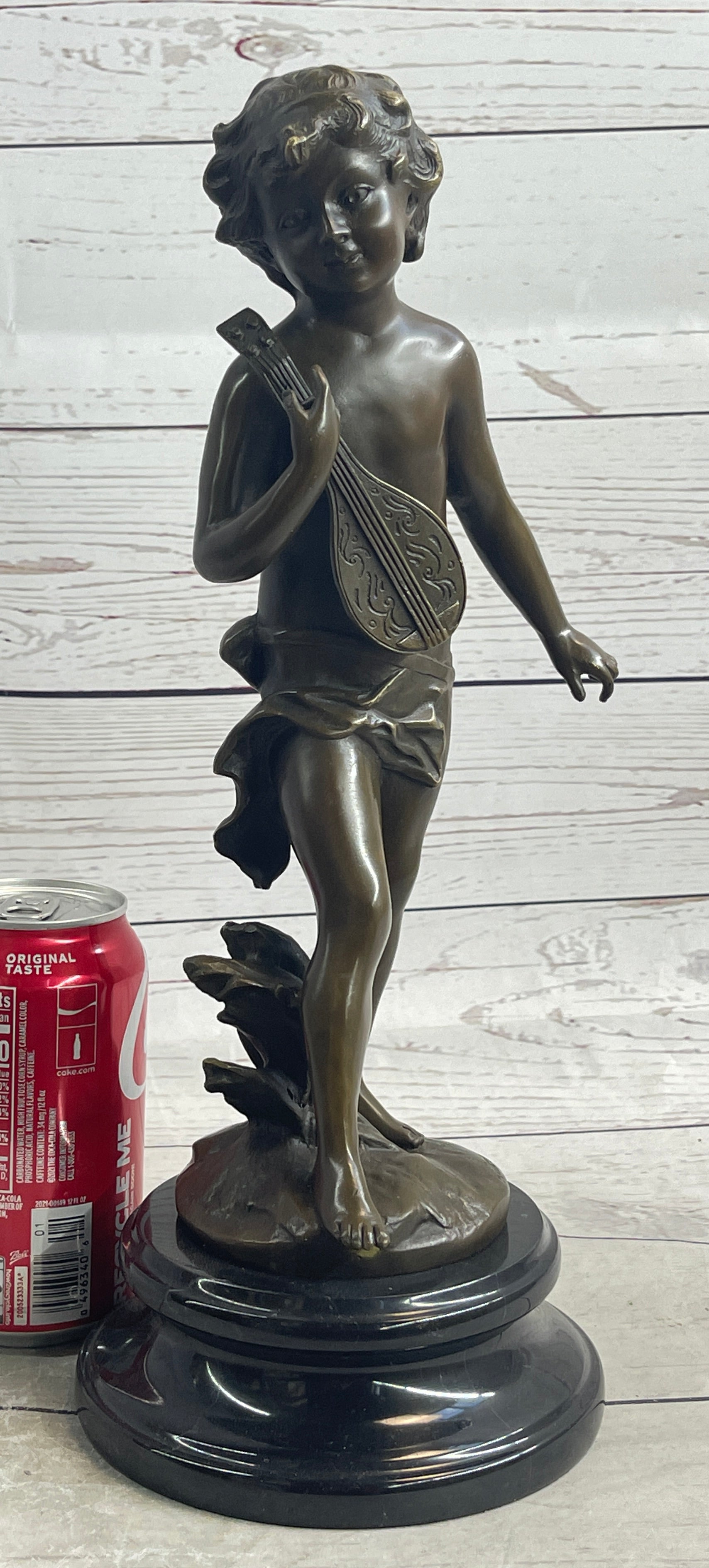 Signed Moreau Young Boy With Banjo Classic Bronze Sculpture