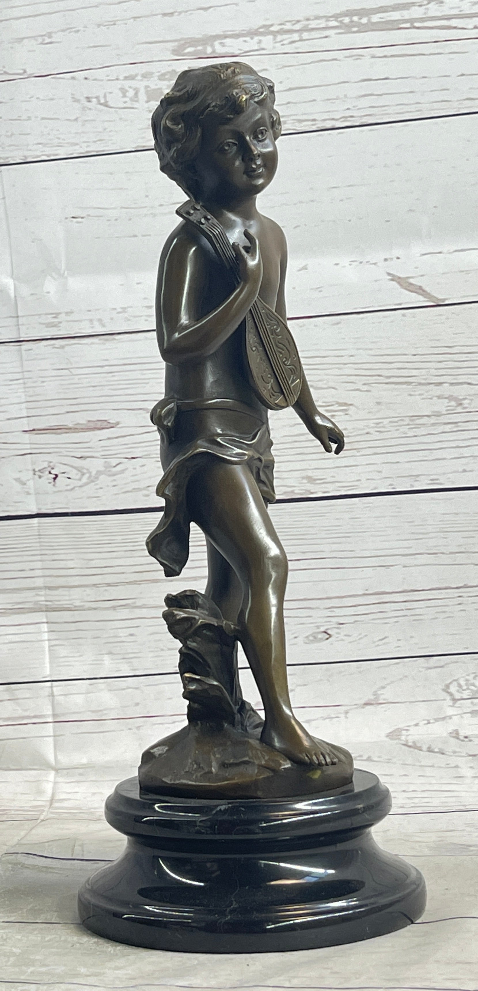 Signed Moreau Young Boy With Banjo Classic Bronze Sculpture