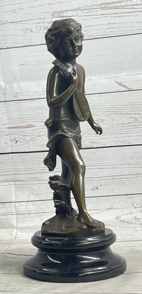 Signed Moreau Young Boy With Banjo Classic Bronze Sculpture