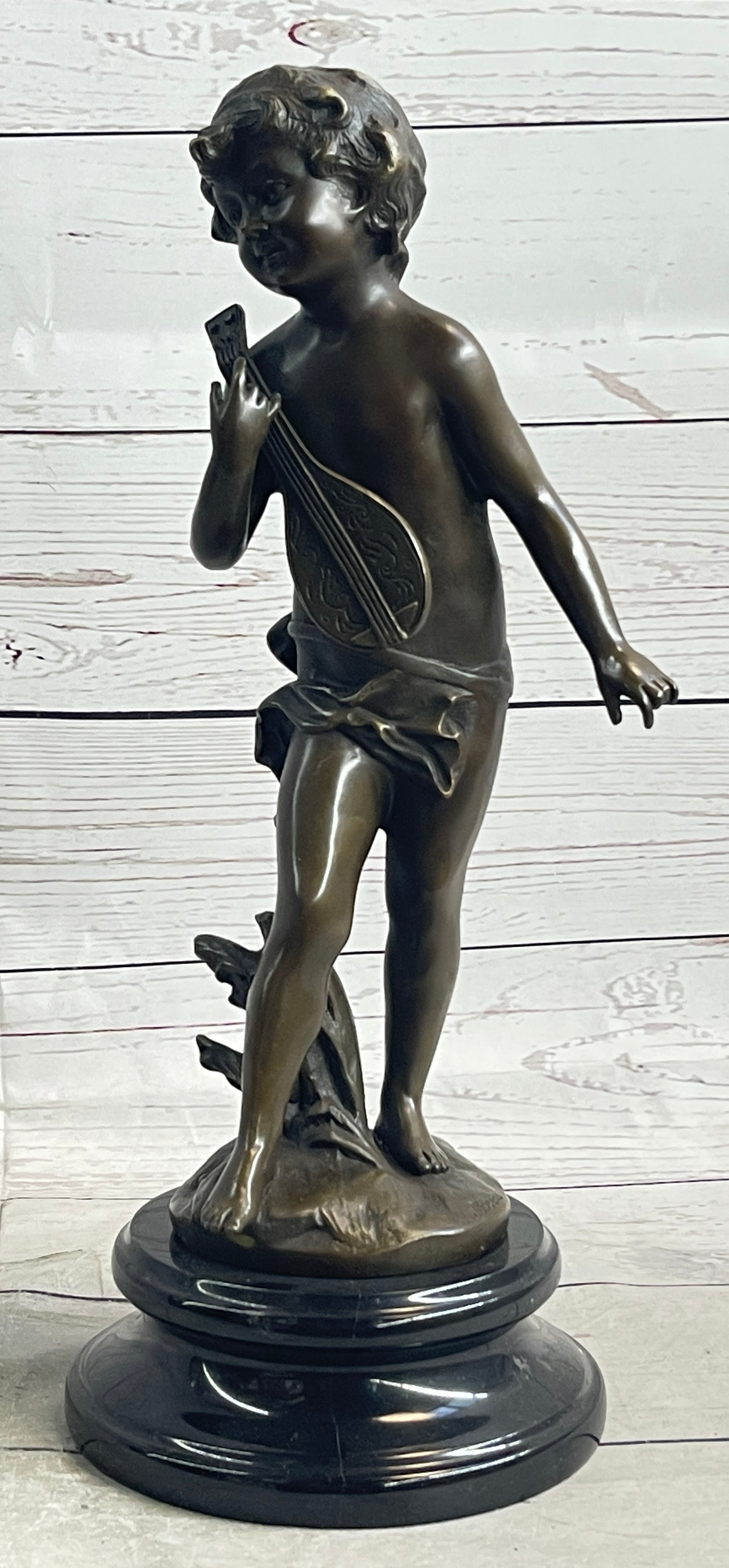 Signed Moreau Young Boy With Banjo Classic Bronze Sculpture