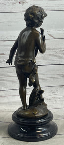 Signed Moreau Young Boy With Banjo Classic Bronze Sculpture