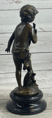Signed Moreau Young Boy With Banjo Classic Bronze Sculpture