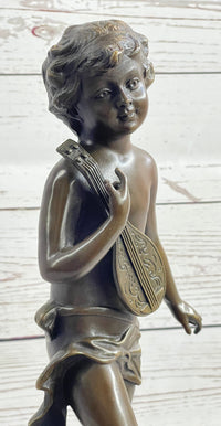 Signed Moreau Young Boy With Banjo Classic Bronze Sculpture