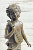 Signed Moreau Young Boy With Banjo Classic Bronze Sculpture