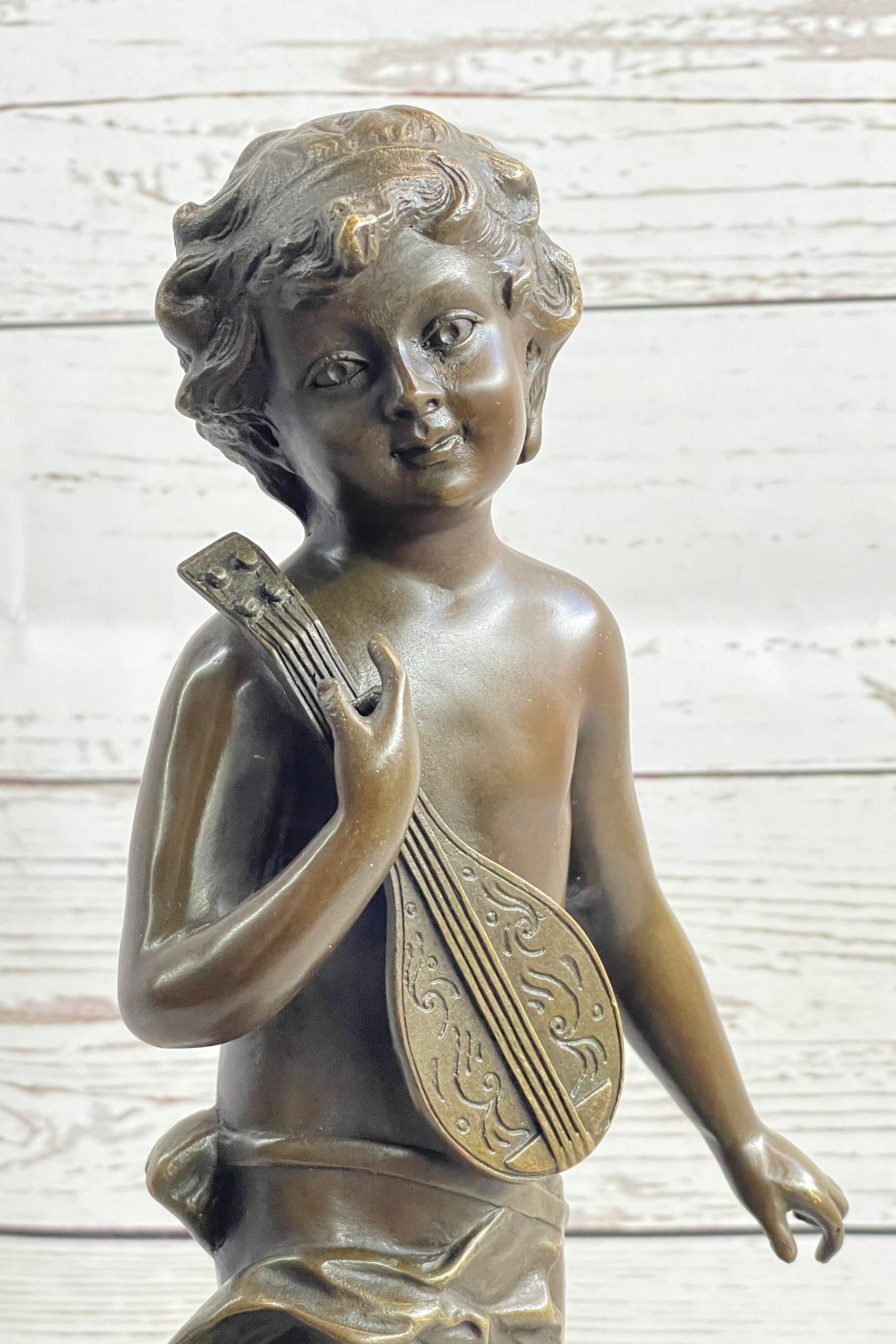 Signed Moreau Young Boy With Banjo Classic Bronze Sculpture