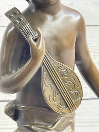Signed Moreau Young Boy With Banjo Classic Bronze Sculpture