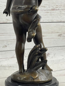 Signed Moreau Young Boy With Banjo Classic Bronze Sculpture
