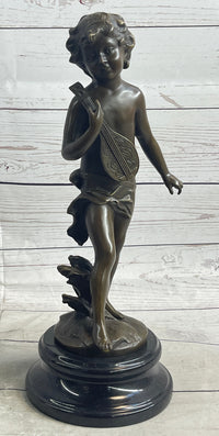 Signed Moreau Young Boy With Banjo Classic Bronze Sculpture