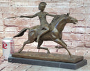 Bronze Roman Female Warrior Javelin Running Horse Sculpture Signed Milo Statue