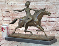 Bronze Roman Female Warrior Javelin Running Horse Sculpture Signed Milo Statue