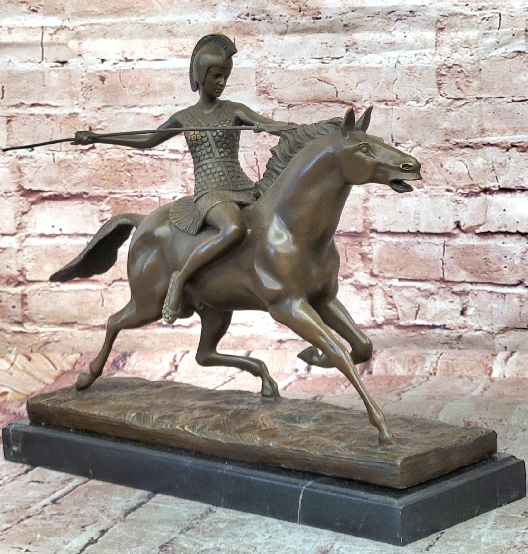 Bronze Roman Female Warrior Javelin Running Horse Sculpture Signed Milo Statue