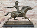 Bronze Roman Female Warrior Javelin Running Horse Sculpture Signed Milo Statue