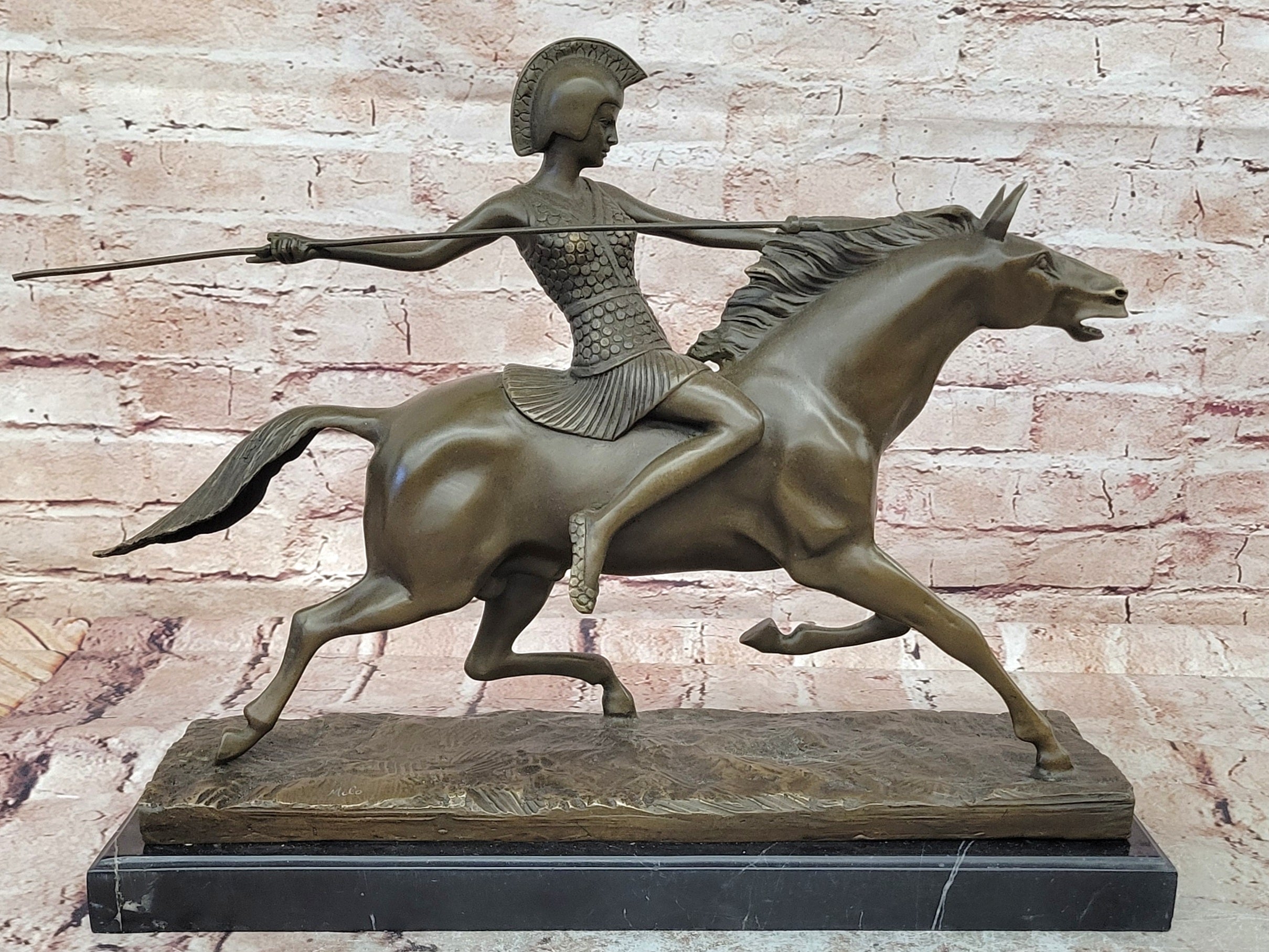 Bronze Roman Female Warrior Javelin Running Horse Sculpture Signed Milo Statue