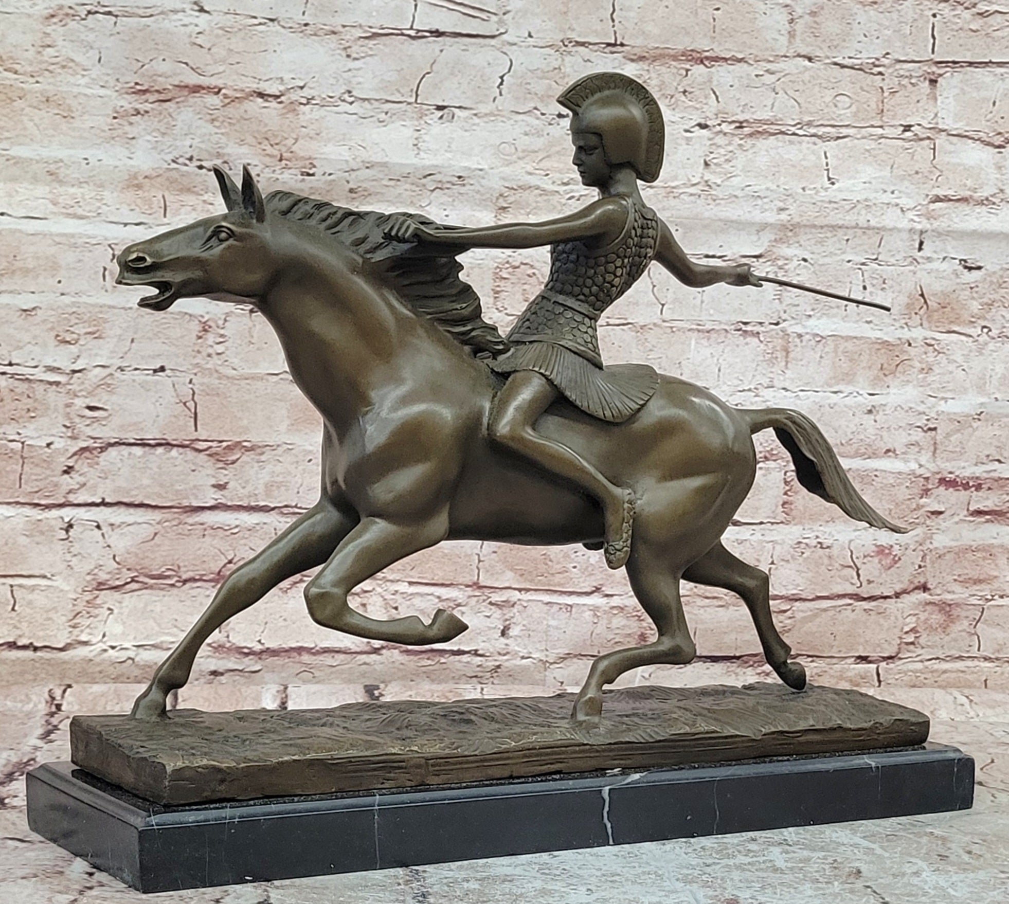 Bronze Roman Female Warrior Javelin Running Horse Sculpture Signed Milo Statue