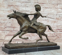 Bronze Roman Female Warrior Javelin Running Horse Sculpture Signed Milo Statue