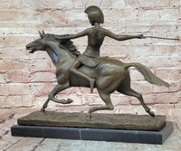 Bronze Roman Female Warrior Javelin Running Horse Sculpture Signed Milo Statue