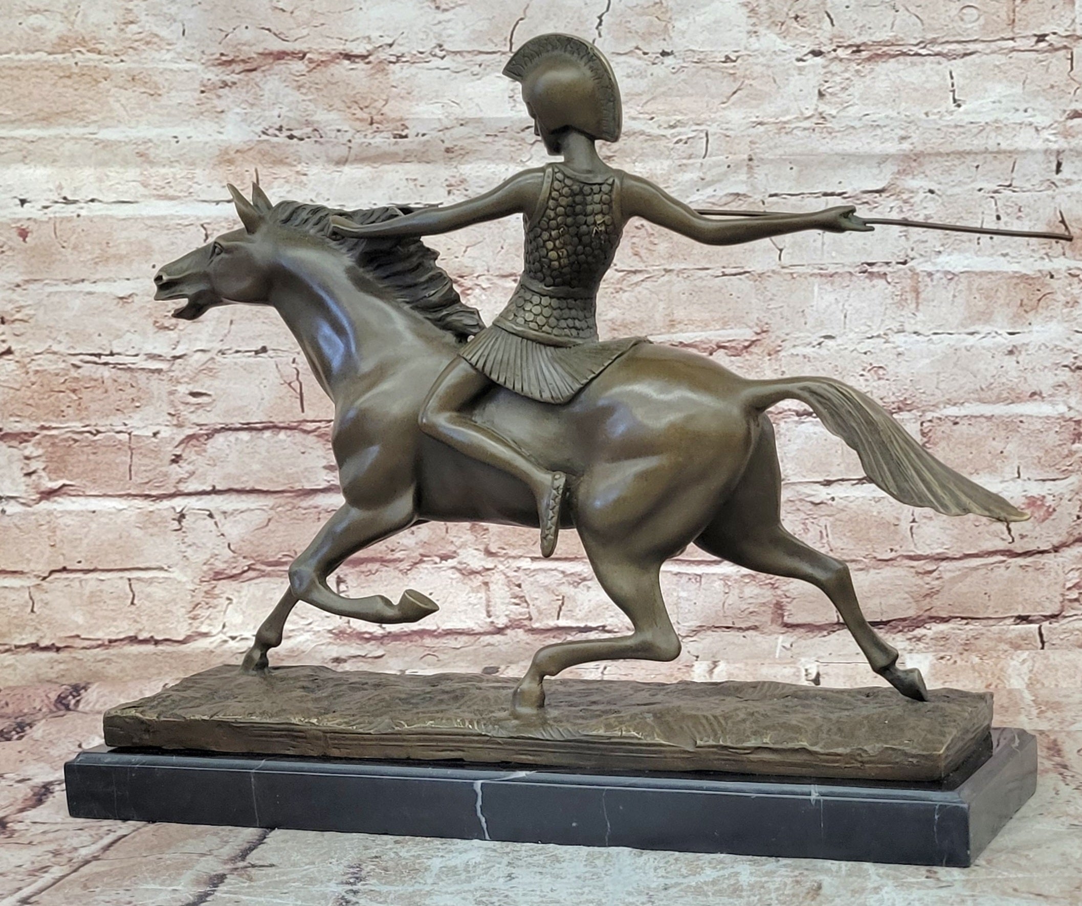 Bronze Roman Female Warrior Javelin Running Horse Sculpture Signed Milo Statue