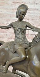 Bronze Roman Female Warrior Javelin Running Horse Sculpture Signed Milo Statue