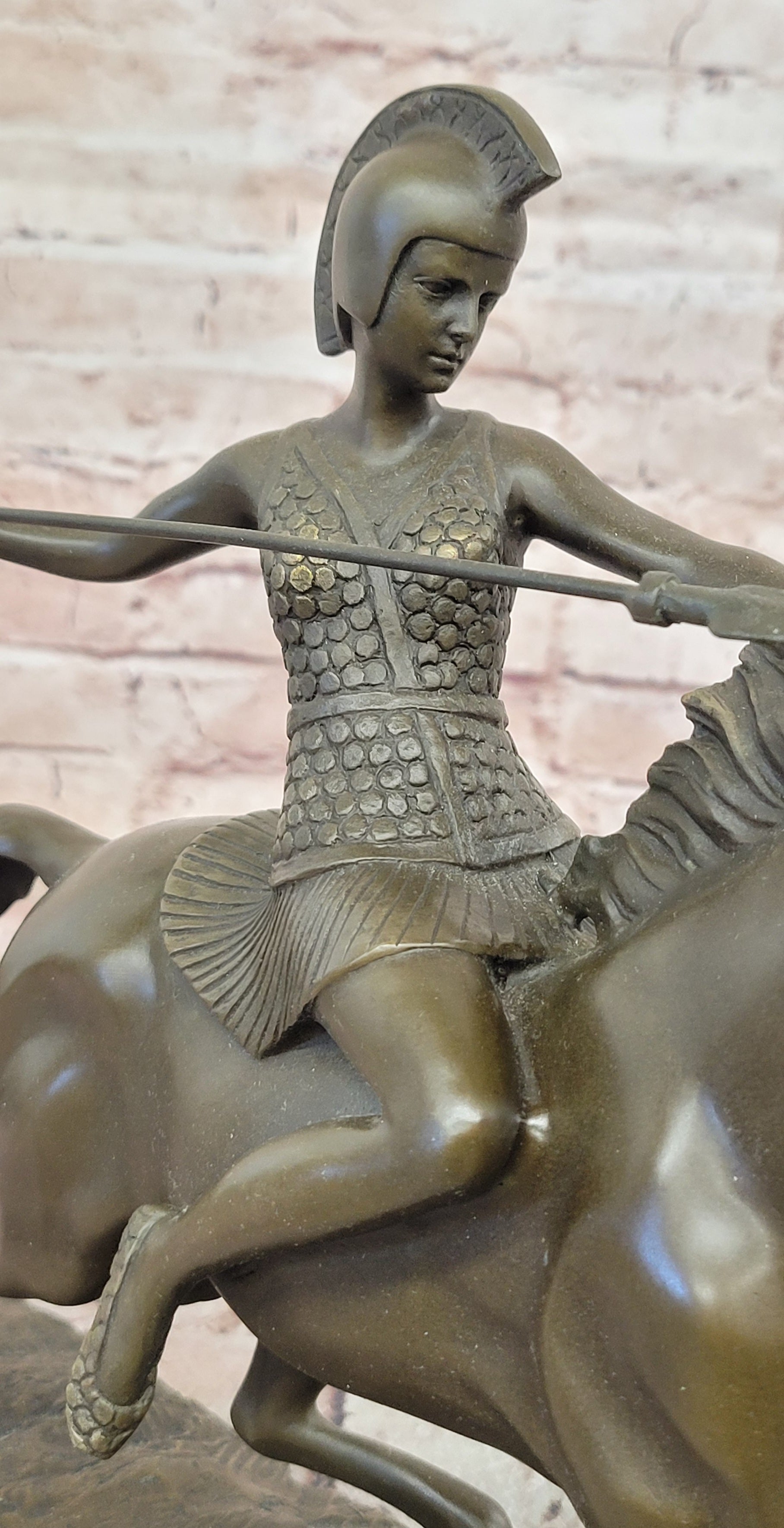 Bronze Roman Female Warrior Javelin Running Horse Sculpture Signed Milo Statue