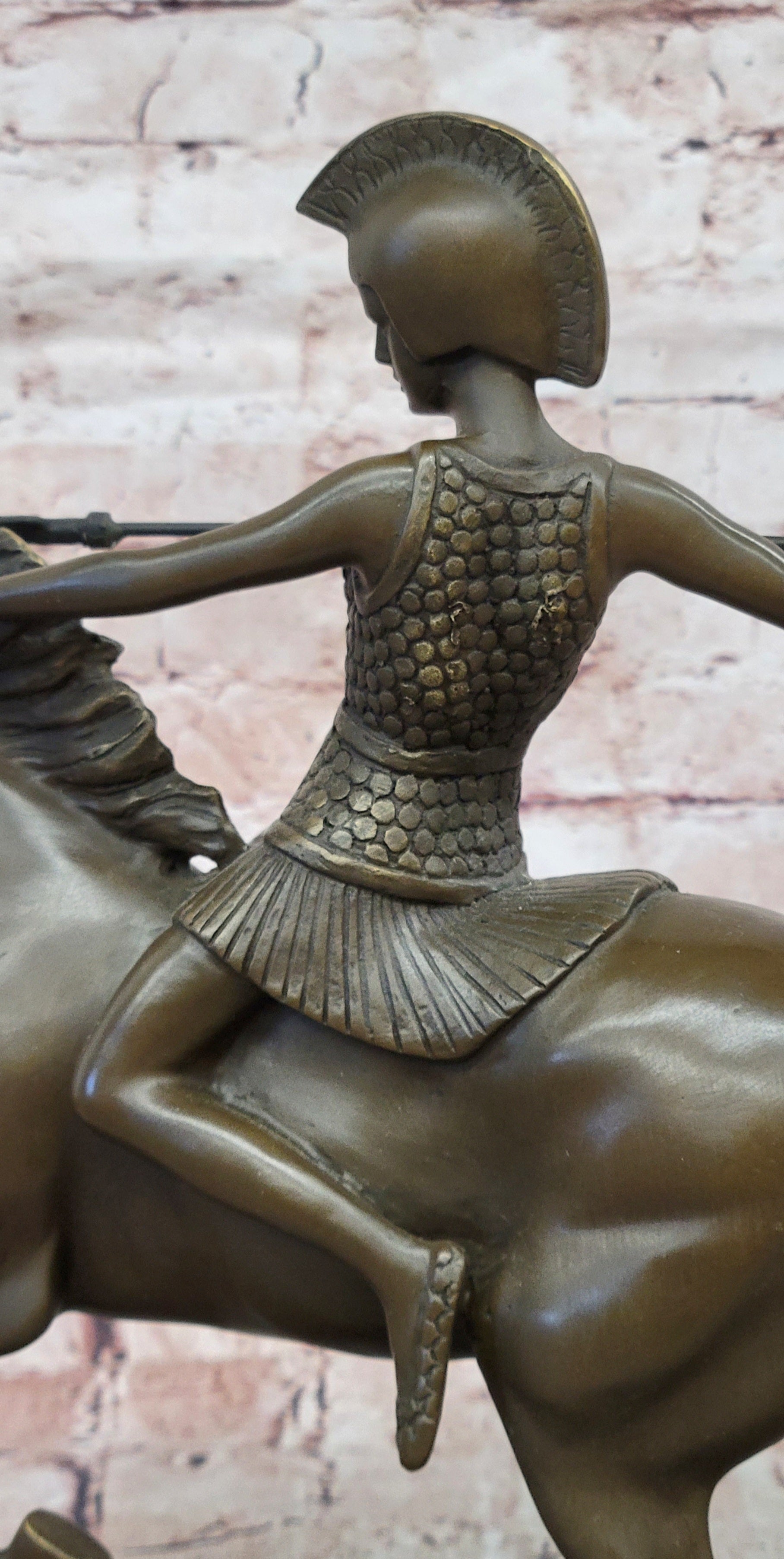Bronze Roman Female Warrior Javelin Running Horse Sculpture Signed Milo Statue