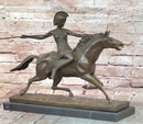 Bronze Roman Female Warrior Javelin Running Horse Sculpture Signed Milo Statue
