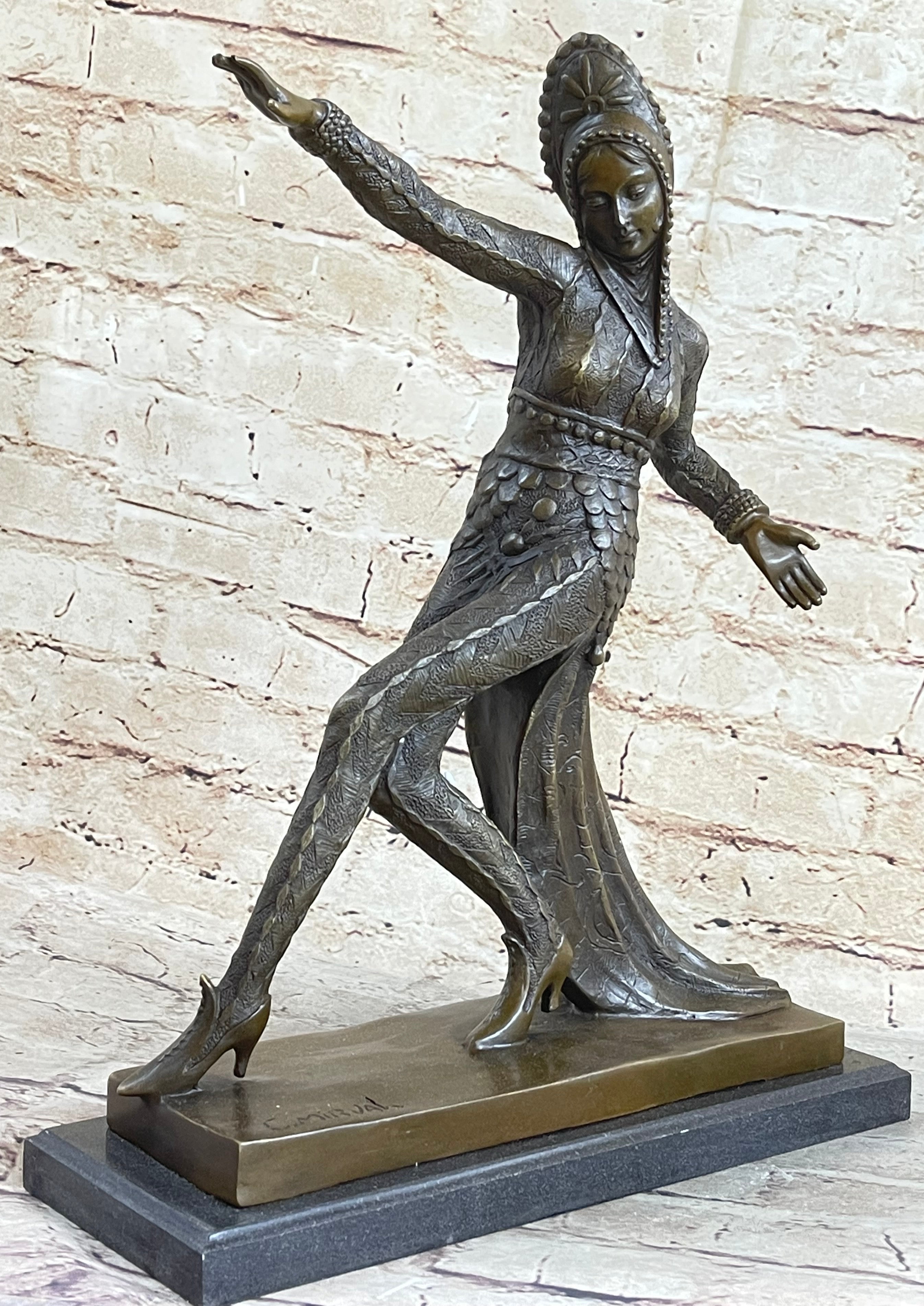 Art Deco Bronze Female Dancer Sculpture Mirval 14.5" x 11"