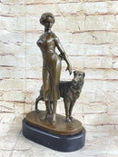 Art Deco Girl with Dog Bronze Figure Lorenzl 14" x 8"