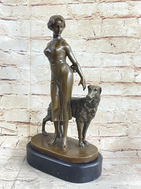 Art Deco Girl with Dog Bronze Figure Lorenzl 14" x 8"