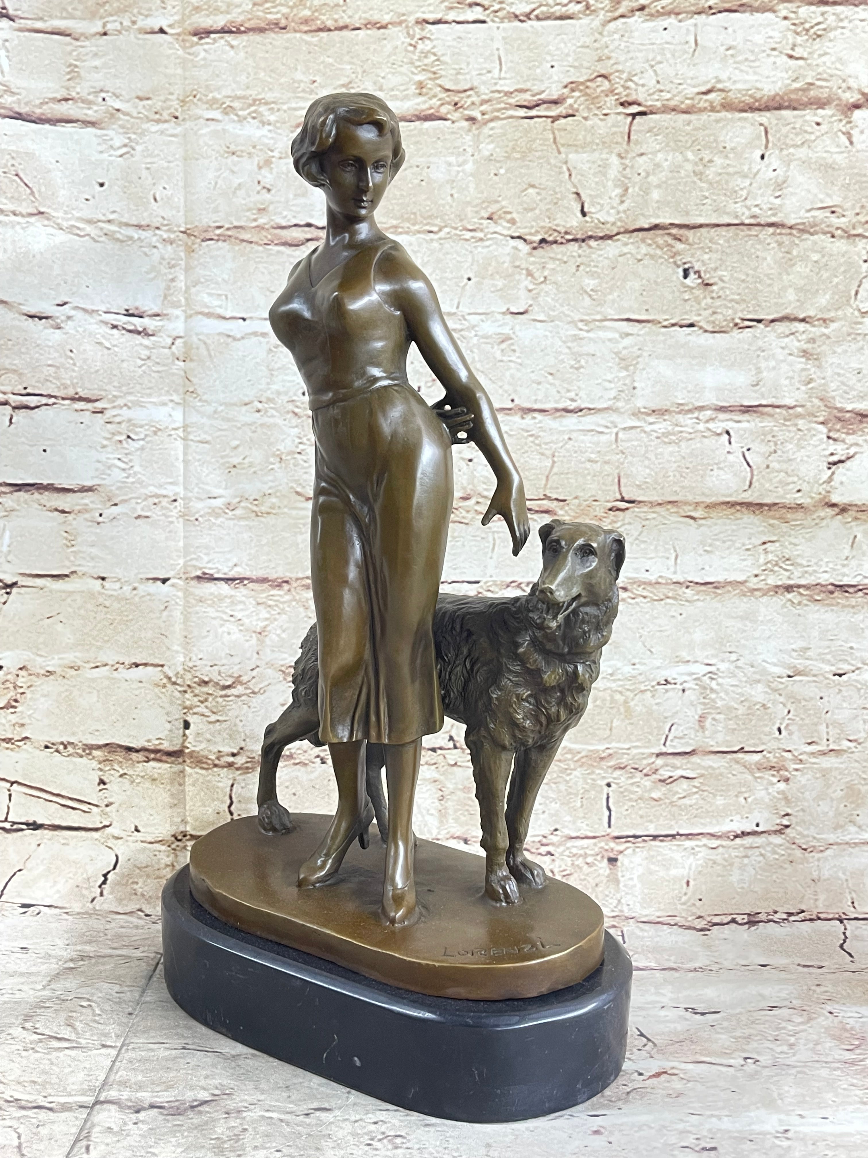 Art Deco Girl with Dog Bronze Figure Lorenzl 14" x 8"