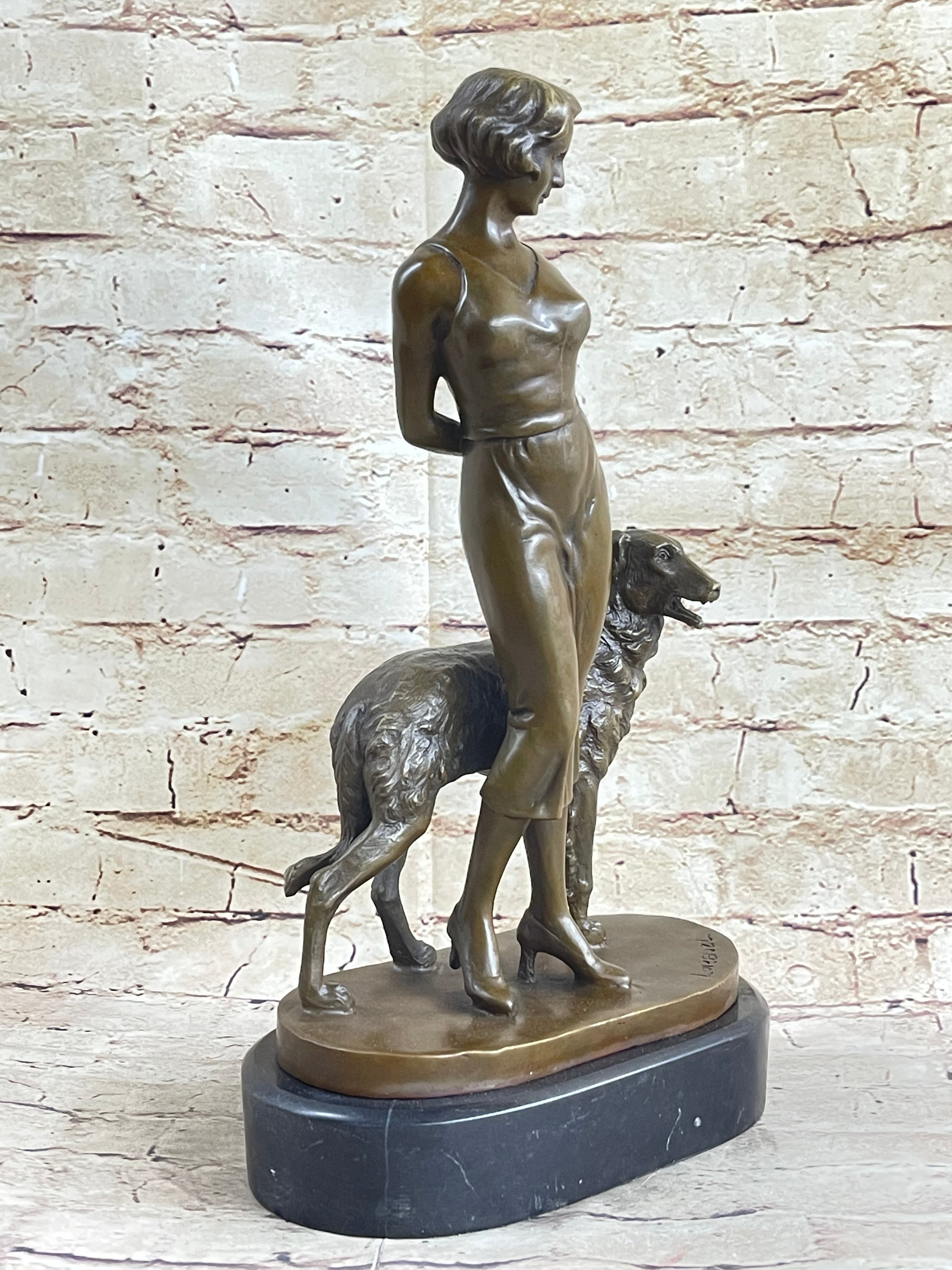 Art Deco Girl with Dog Bronze Figure Lorenzl 14" x 8"