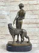 Art Deco Girl with Dog Bronze Figure Lorenzl 14" x 8"