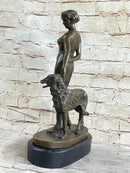 Art Deco Girl with Dog Bronze Figure Lorenzl 14" x 8"