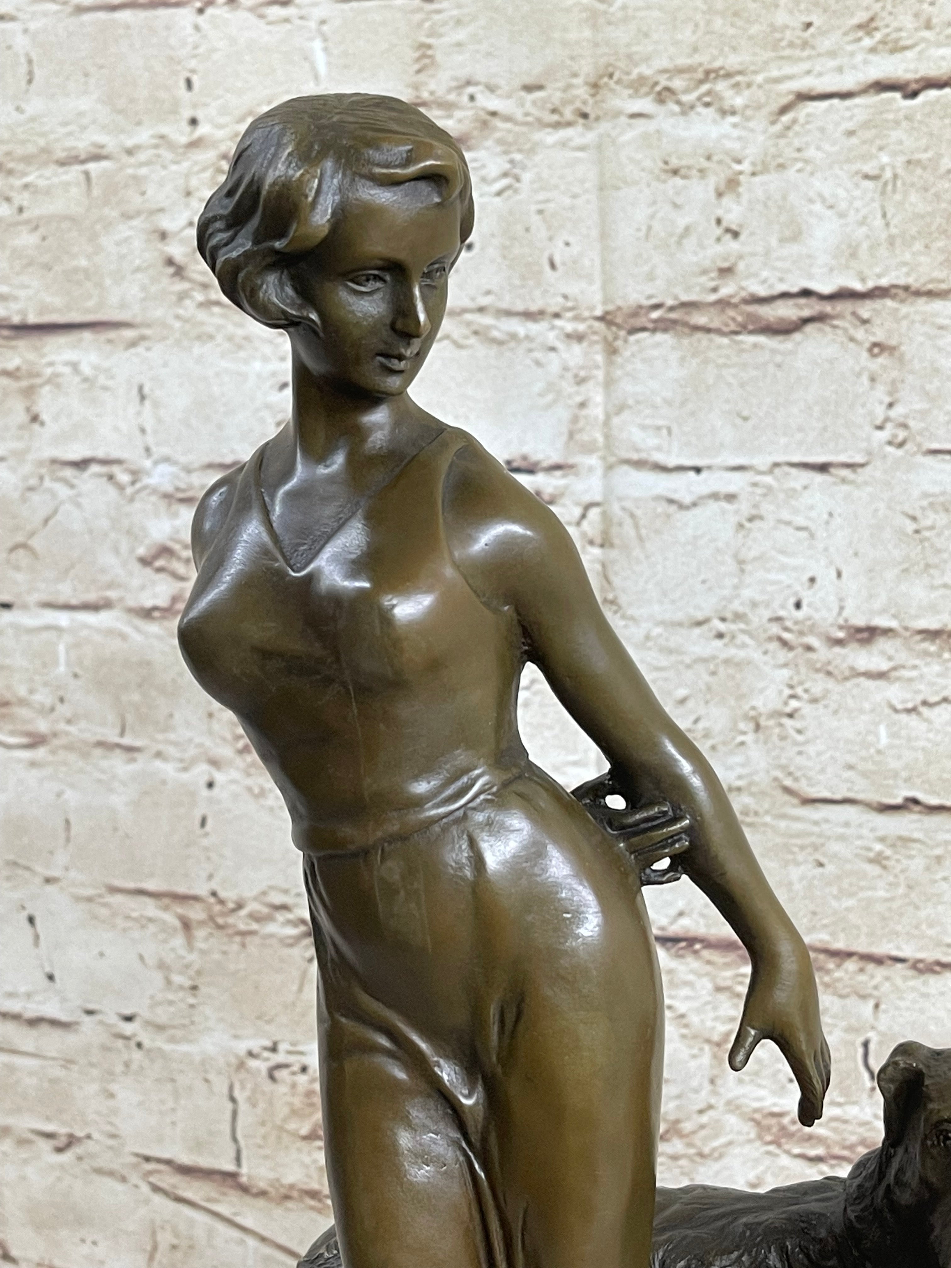 Art Deco Girl with Dog Bronze Figure Lorenzl 14" x 8"