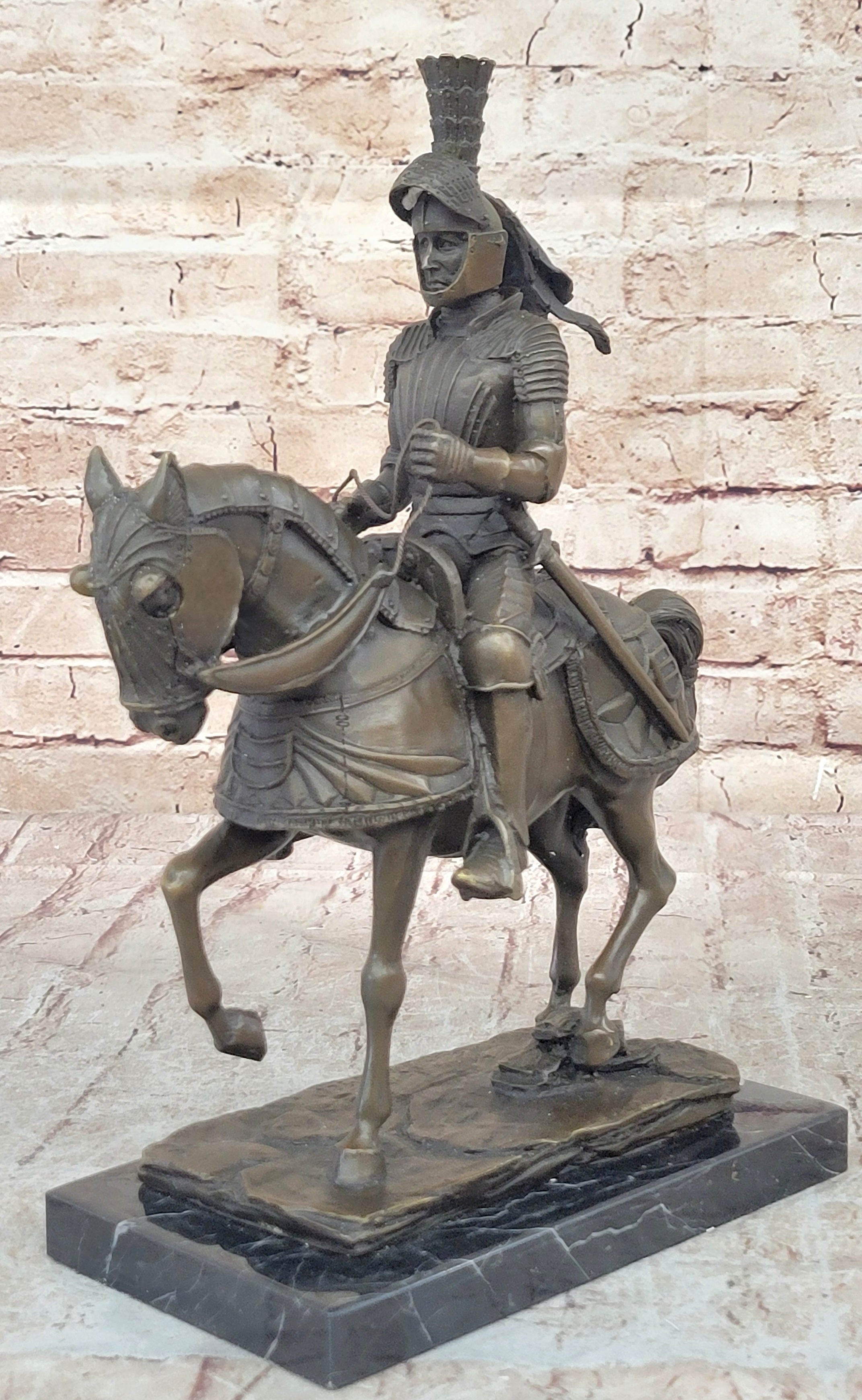 Medieval Knight on Horseback Bronze Sculpture on Marble Base