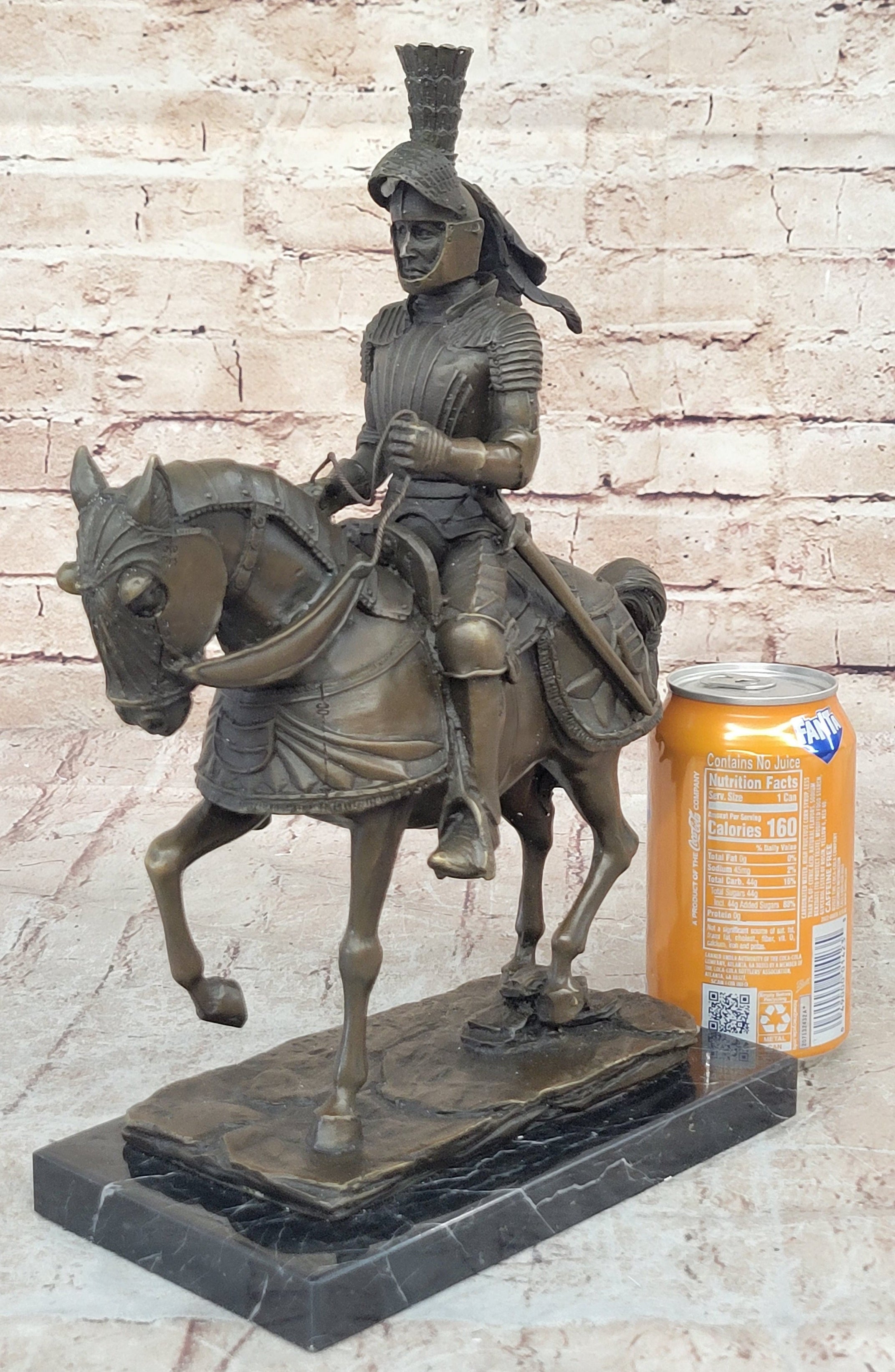 Medieval Knight on Horseback Bronze Sculpture on Marble Base