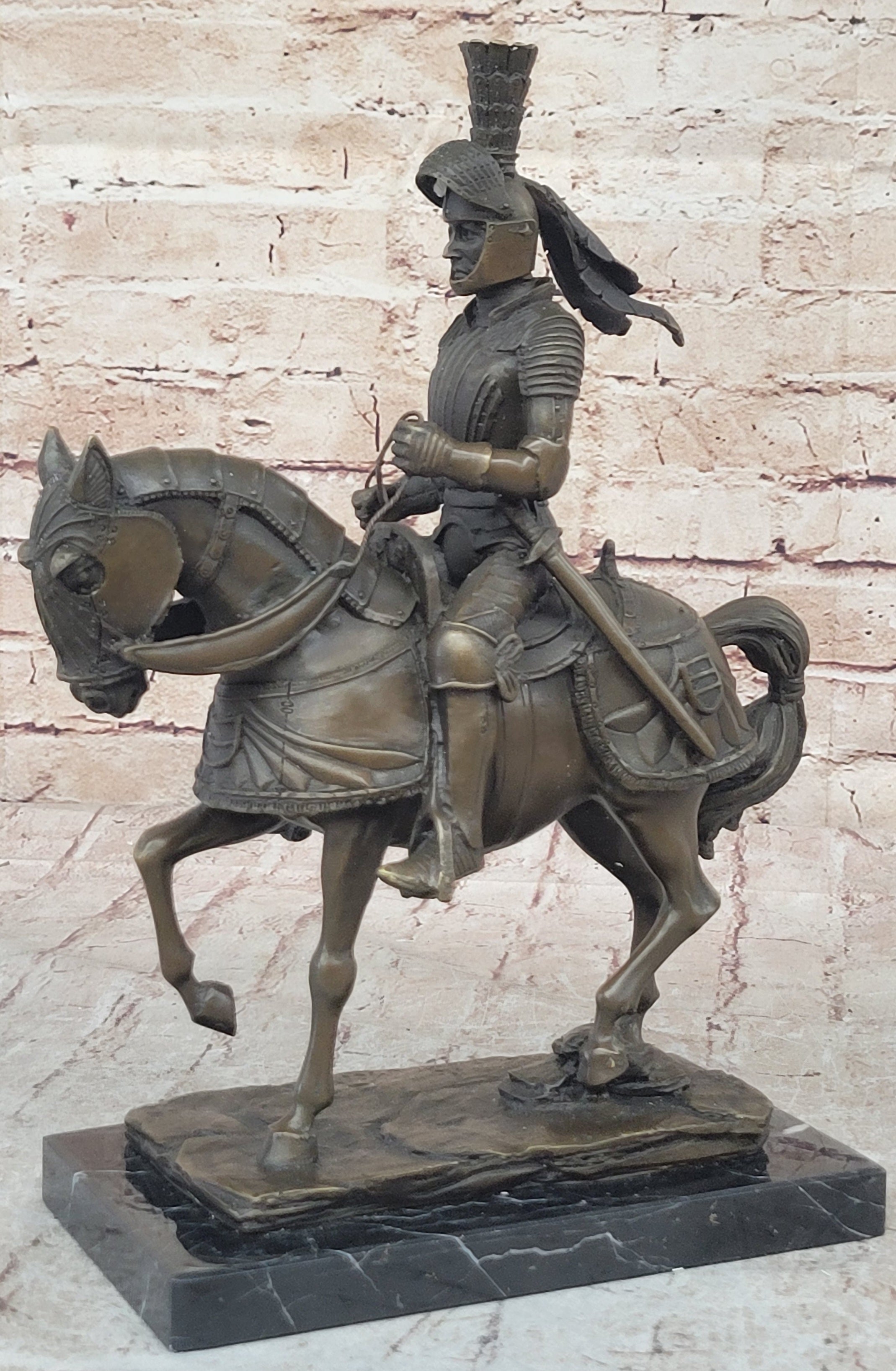 Medieval Knight on Horseback Bronze Sculpture on Marble Base