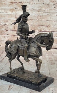 Medieval Knight on Horseback Bronze Sculpture on Marble Base