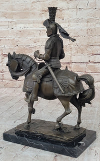 Medieval Knight on Horseback Bronze Sculpture on Marble Base