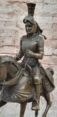 Medieval Knight on Horseback Bronze Sculpture on Marble Base