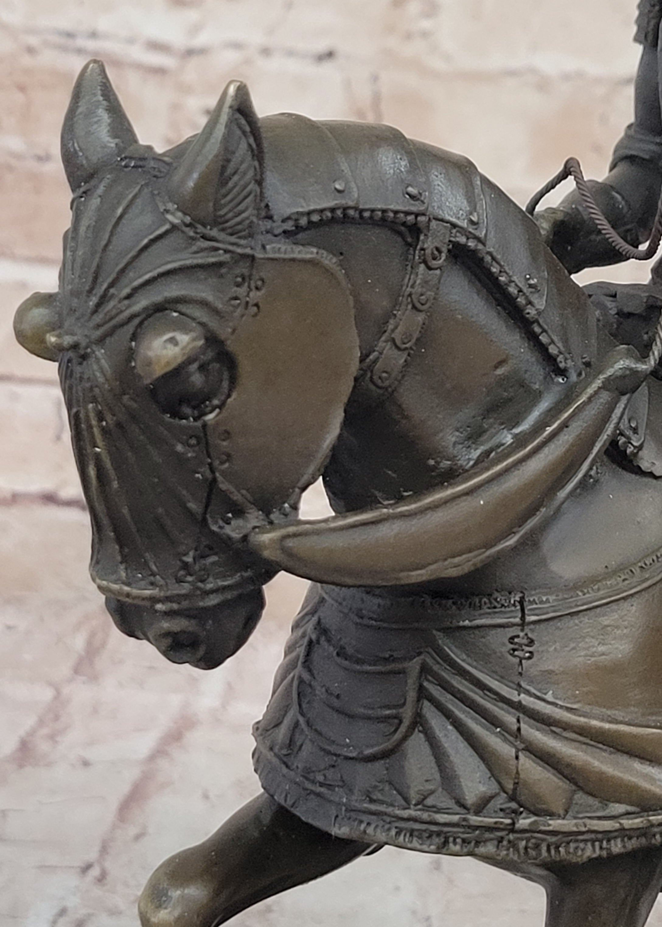 Medieval Knight on Horseback Bronze Sculpture on Marble Base