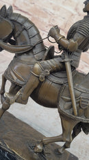 Medieval Knight on Horseback Bronze Sculpture on Marble Base