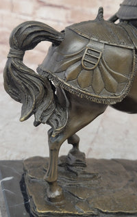 Medieval Knight on Horseback Bronze Sculpture on Marble Base
