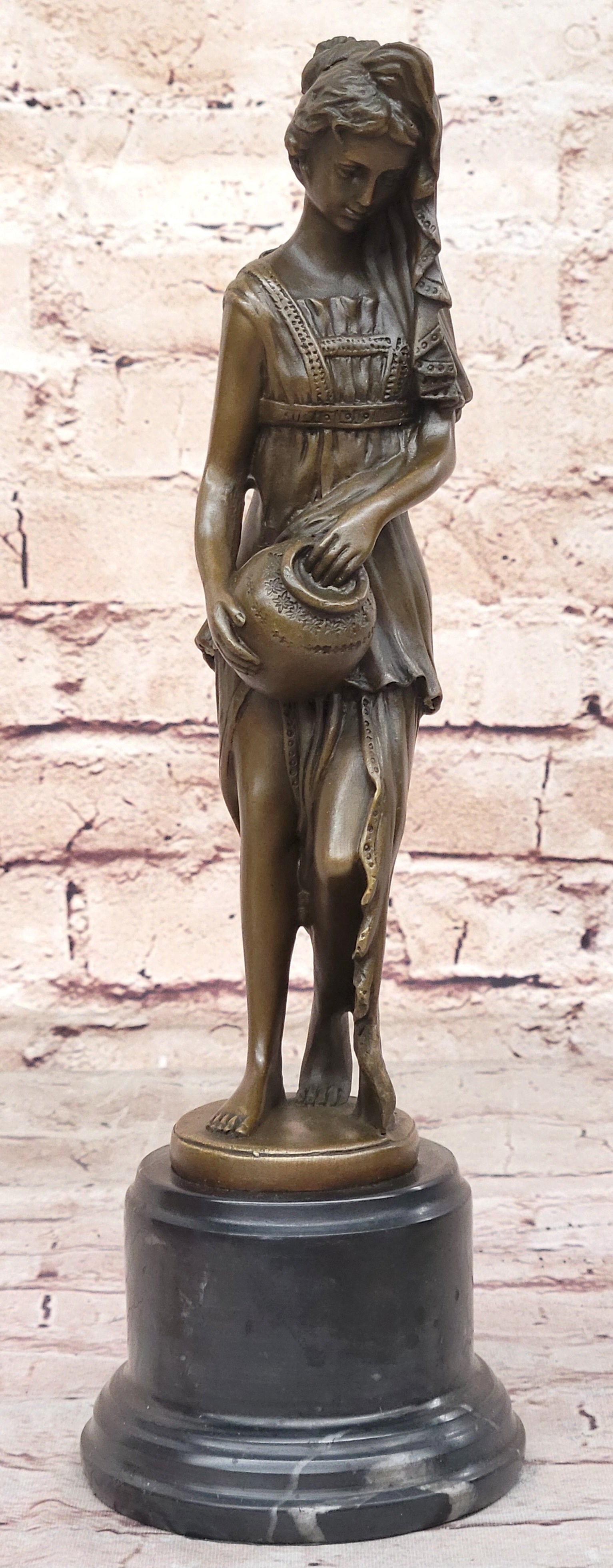 Water Bearer Young Woman Bronze Sculpture by Milo on Marble Base