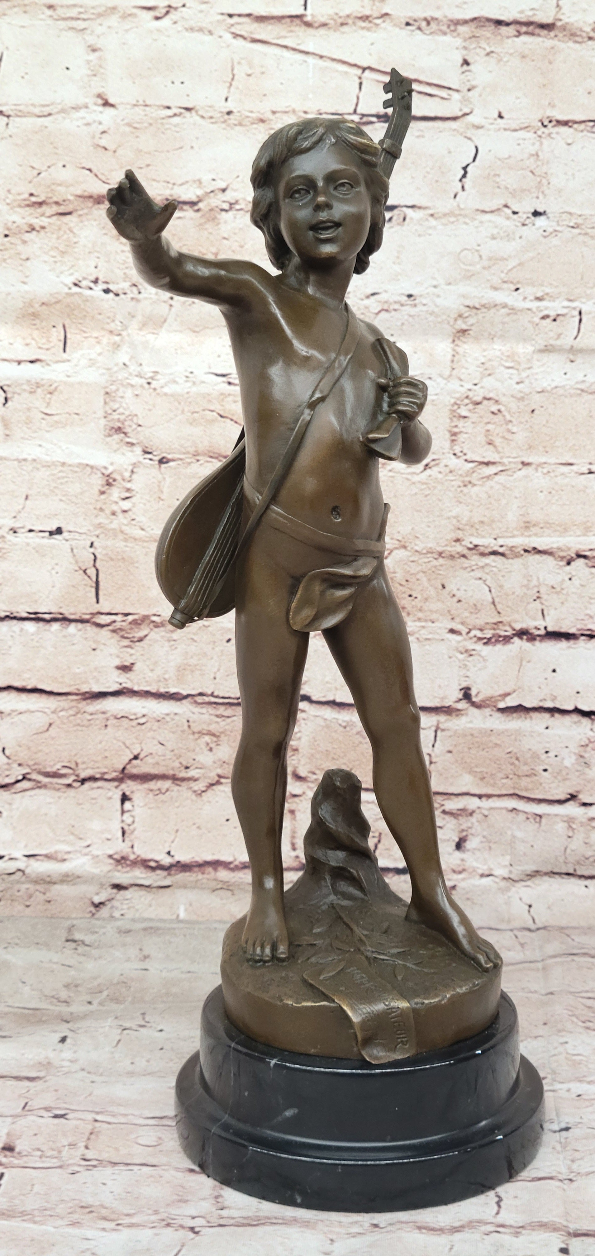 Hot Cast Bronze Young Boy w/ Lute by Auguste Moreau