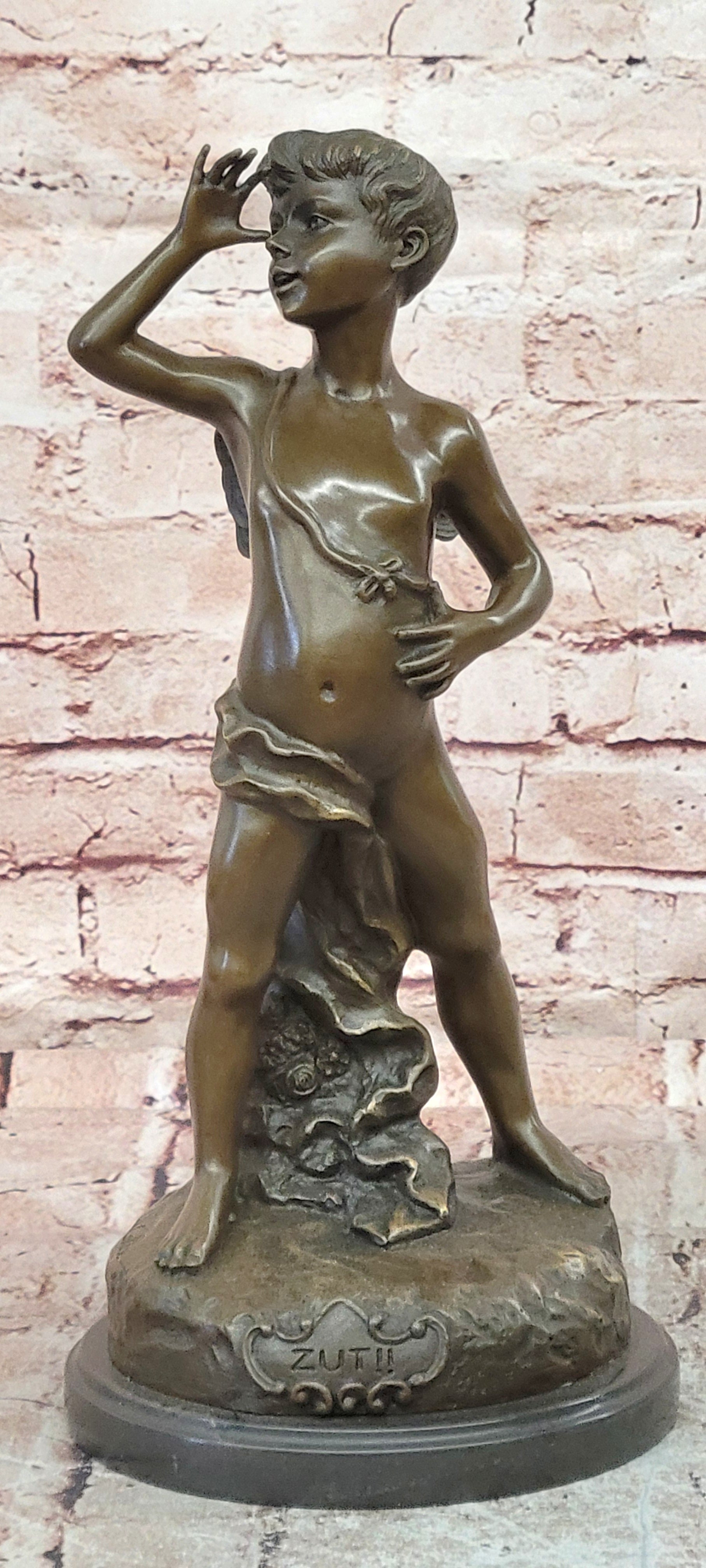 Signed Alphonse Colle Boy Thumbing Nose Genuine Bronze Sculpture Hand Made