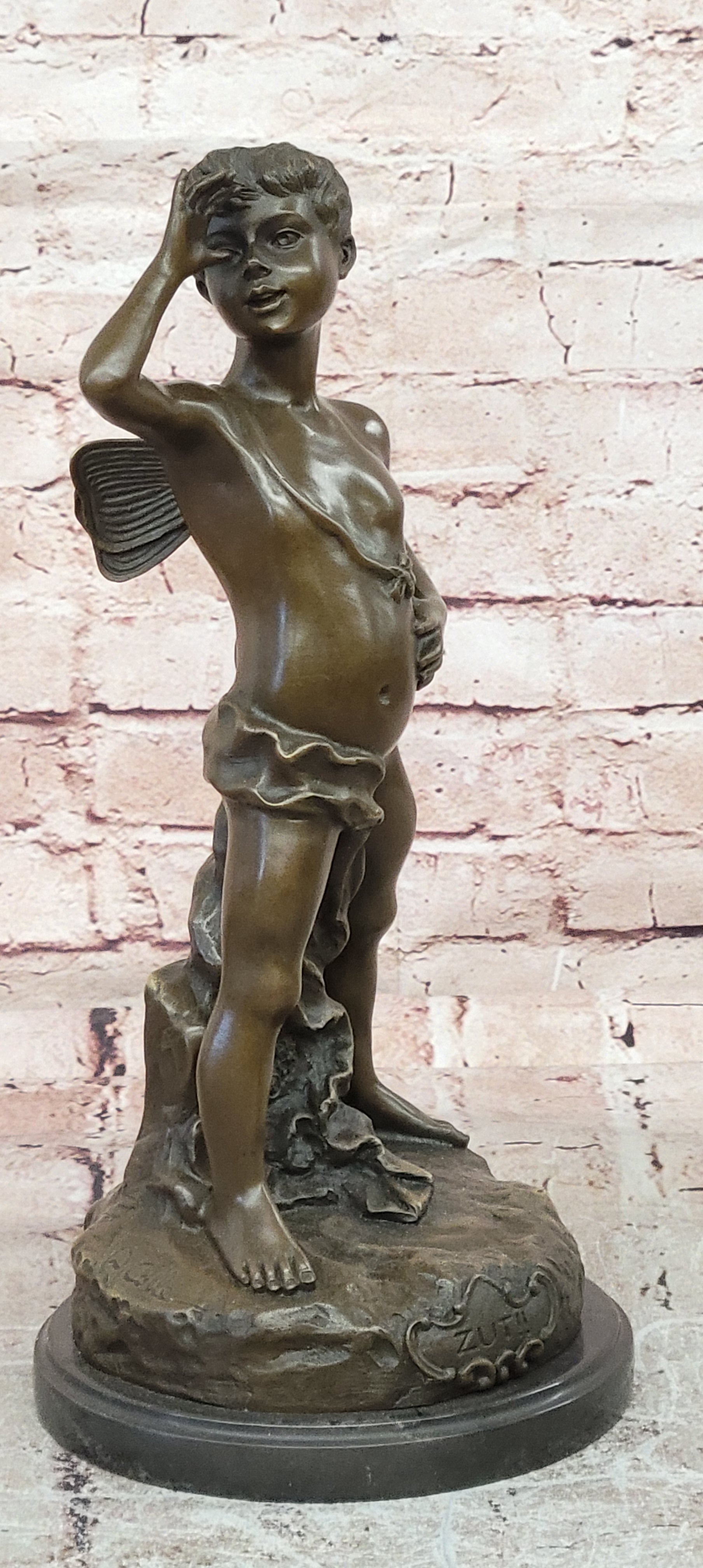 Signed Alphonse Colle Boy Thumbing Nose Genuine Bronze Sculpture Hand Made