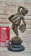 Young Girl Going to School w/ Book Bag - Bronze on Marble