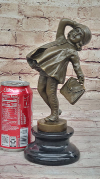 Young Girl Going to School w/ Book Bag - Bronze on Marble