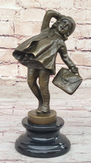 Young Girl Going to School w/ Book Bag - Bronze on Marble